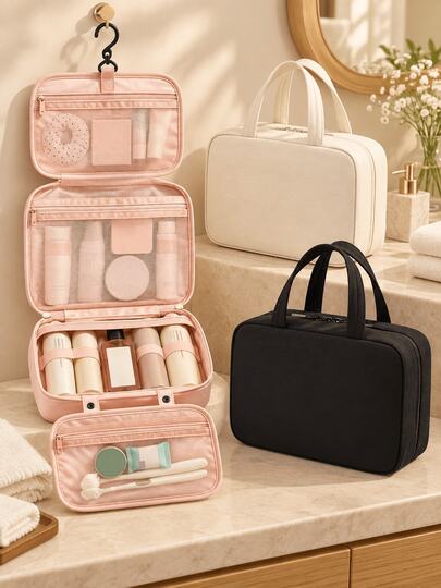 Bolsa de aseo plegable de tres pliegues resistente con gancho para almacenamiento y organización en cruceros y camping al aire libre con correas elásticas y bolsa de almacenamiento multifuncional diseñada para mujeres activas y vacacionistas para mantener los artículos ordenados con compartimento doble estético