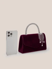 REMANLAND Charming Burgundy Handbag With Crystal Decorated Handle And Draping Details, Elegant Party Clutch Suitable For Banquets, Receptions And Evening Gowns - Burgundy - View 8