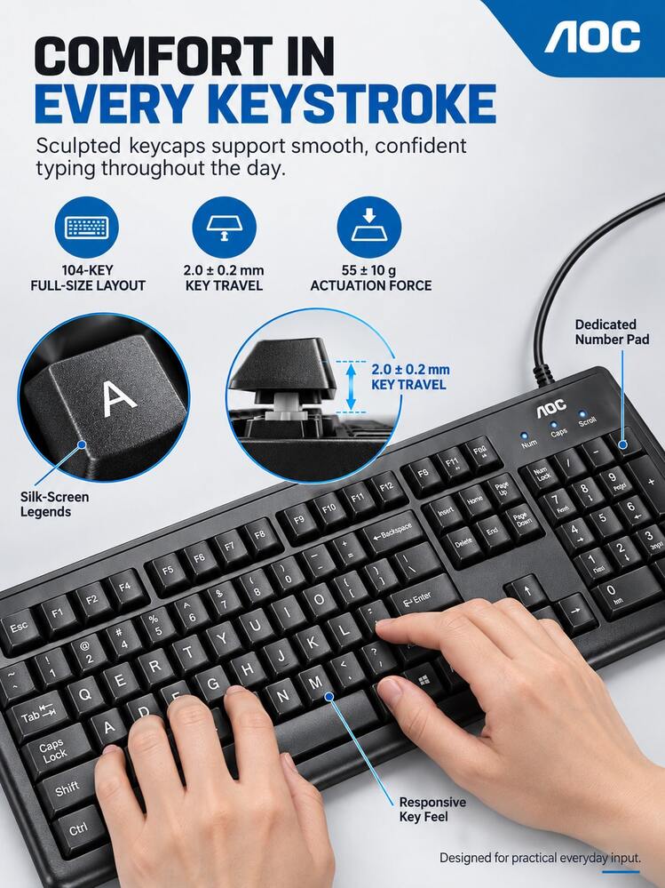 AOC KM151 Keyboard And Mouse Combo Wired Full-Size Office Keyboard Splash-Resistant Plug And Play Computer Keyboard - View 3