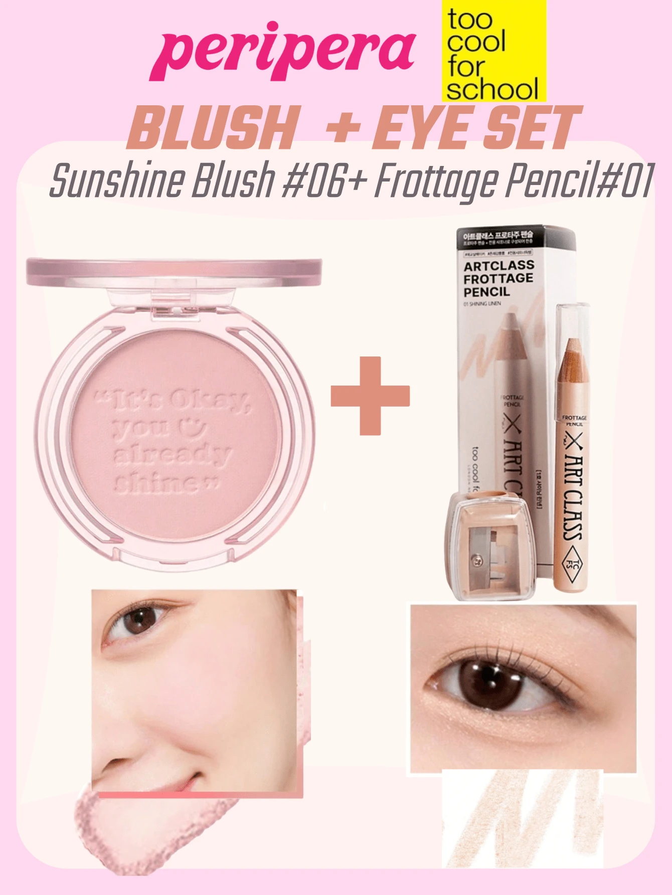 Too Cool for School Palet Blush Matte Peripera K-Beauty + Stik Eyeshadow Aegyo-Sal, Tekstur Halus, Warna Tahan Lama, Multifungsi, Tekstur Krim, Set Makeup Korea - Set Perona Pipi & Eyestick Glow - View 1