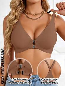 1 buah Bra Push-Up Wanita Tanpa Jahitan dengan Penutup Depan, Leher V, Desain Garis Punggung & Bahu Halus, Cocok untuk Kencan, Bepergian, atau Pesta - Coklat - View 4