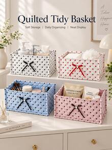 Sweet Polka Dot Quilted Fabric Storage Bin, Rectangular Soft Storage Box With Bow Decoration, Large Capacity Multi-Functional Storage Box, Suitable For Cosmetics, Snacks, Ideal For Desktop, Bathroom And Bedroom Home Storage - Multicolor - View 1