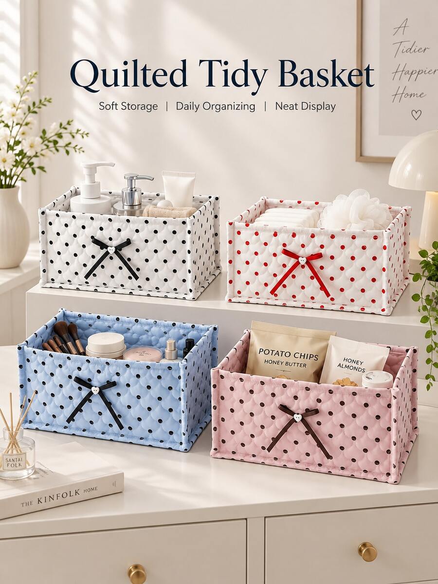 Sweet Polka Dot Quilted Fabric Storage Bin, Rectangular Soft Storage Box With Bow Decoration, Large Capacity Multi-Functional Storage Box, Suitable For Cosmetics, Snacks, Ideal For Desktop, Bathroom And Bedroom Home Storage - Multicolor - View 1