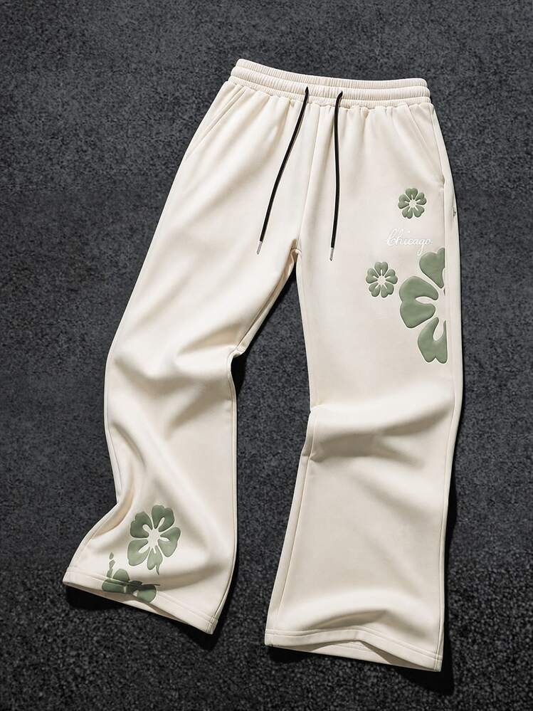 FRACTYR Men's Beige Wide Leg Sweatpants, Green Floral & Letter Print, Drawstring Waist, Loose Straight Leg Casual Long Pants - Apricot - View 4