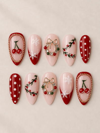10Pcs Christmas Cherry Press On Nails, Almond Fake Nails, Snowflake Wreath Rhinestone False Nails, Y2K Fall Nails Acrylic Nail Kit With Jelly Gel & Nail File, Nail Supplies, Accessories For Women, Christmas Party Holiday Daily Wear Nail Stickers