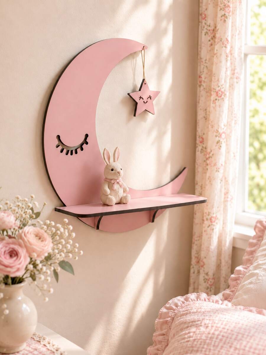 1pc Moon Star Hanging Storage Rack Cute Girl Heart Pink Wall Hanging Storage Rack Christmas Small Ornament Rack Home Decoration Suitable For Wall Hanging Decorative Gifts - Multicolor D - View 1