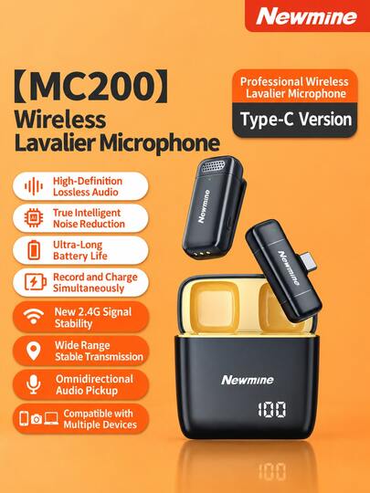 Newmine Mikrofon Lavalier Nirkabel MC200, Sekali Pakai dengan Kotak Pengisian Daya, Streaming Langsung, Perekaman Video Pendek, Mikrofon Portabel Peredam Kebisingan untuk Karaoke Luar Ruangan, Perangkat Perekaman Khusus untuk Android dan Apple 15 ke Atas