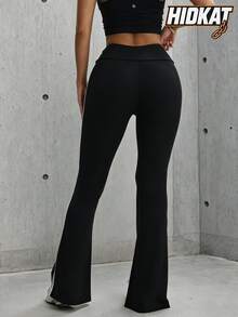 Hidkat Women's Fashion Solid Color High Waist Drawstring Tie Casual Yoga Sports Knitted Flare Pants - Black - View 2