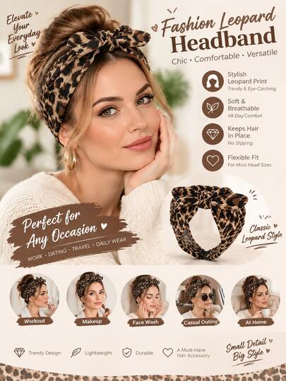 3/1pc Leopard Print Bow Headband, Women's Soft Elastic Fabric Headscarf, Cute Rabbit Ear Bow Design, Wide Non-Slip Hairband, Daily Party Makeup Washing Fashion Accessory, Versatile Headpiece Gift For Women