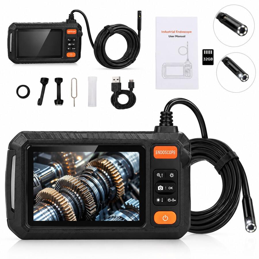 4.3" IPS Screen Endoscope Inspection Camera, 1080P Sewer Inspection Camera With 8 LED Lights, 3 Brightness Levels, 180° Rotating Camera, 32GB Memory Card, And 6.5ft Semi-Rigid Cable - 5M - View 1