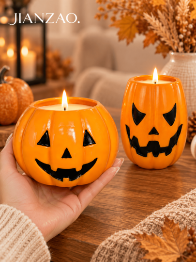 1 pieza Portavelas de calabaza Jack-O'-Lantern de Halloween, soporte para vela de pilar con cara sonriente naranja, decoración de mesa y repisa para fiestas de otoño y Halloween, adorno para el hogar