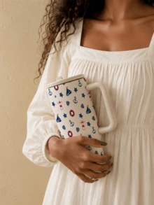 1pc 40oz Nautical-Print Insulated Mug With Handle, Straw, And Lid. Large Capacity Stainless Steel Travel Mug, Suitable For Party Supplies, Car Use, Office, And Vacations - White - View 7