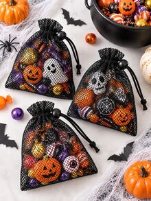 12Pcs Black Mesh Drawstring Bags, Portable Lightweight Storage Pouches, Breathable Net Fabric Cinch Sacks For Candy, Jewelry, Cosmetics, Small Accessories, Party Favors, Halloween Gift Packaging - Black - View 4