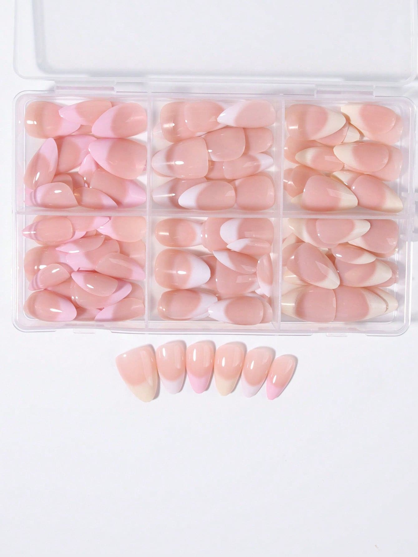 180片裝(6款混色)短杏仁形奶油色、粉色與白色漸層法式穿戴甲,壓克力假指甲套組,含1片果凍膠與1片指甲锉,可拆卸重複使用,適合日常、工作與DIY使用 - 彩色 - 查看 1