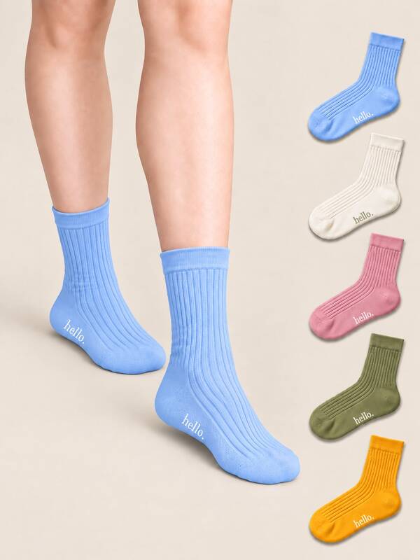 5 Pairs Hello Letter Print Vertical Stripe Mid-Calf Socks, Soft Breathable Cotton Socks, Solid Color Minimalist Casual Socks, Fashionable Multi-Color Basic Socks For Girls, Multi-Pack