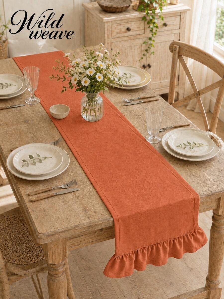 1pc Table Runner, Washed Wrinkled, Simple Pastoral Style. Polyester Material Rectangular Tablecloth With Scalloped Edge, Suitable For Dining Room, Public Holidays And Daily Decoration. - Coral Orange - View 1