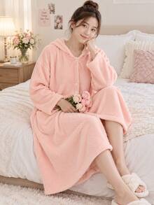 Women's Soft Fleece Hooded Bathrobe, Comfortable Long Sleeve Mid-Length Loose Plush Loungewear, For After Bath And Bedroom Wear, Autumn/Winter Mother's Day Gift - Multicolor - View 2
