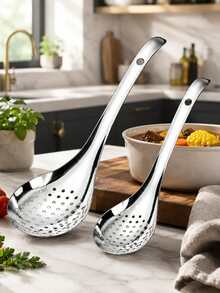 2pcs Large And Small Stainless Steel Hollow Strainer Spoon Set, Long Handle Soup Ladle, Suitable For Hot Pot, Soup, Noodles And Frying - Multicolor - View 2