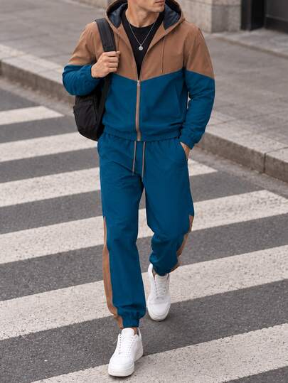 1 Set Men's Spring/Autumn Color Block Hooded Sports Outfit, Outdoor Casual Jogging Pants 2-Piece Set