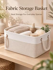 Minimalist Farmhouse Style Linen Blend Rectangular Storage Basket, Foldable Fabric Storage Bin With Thickened Cotton Rope Handles, Large Capacity, Suitable For Bedroom Closet, Shelf, Cabinet, Living Room, Home Organization And Storage - Multicolor - View 3