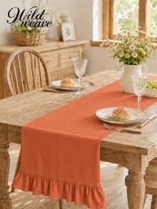 1pc Table Runner, Washed Wrinkled, Simple Pastoral Style. Polyester Material Rectangular Tablecloth With Scalloped Edge, Suitable For Dining Room, Public Holidays And Daily Decoration. - Coral Orange - View 4