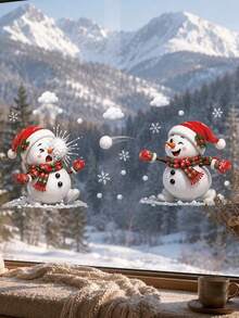 2pcs Christmas Snowman Window Stickers, Cute Cartoon Winter Snowman With Christmas Hat, Scarf And Snowflake Design, Easy To Install Double-Sided Visible Static Window Decals, Suitable For Bedroom, Living Room, Door Glass Holiday Home Decor - one-size - View 8
