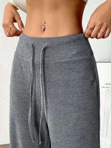 Plus Size Women's High Waist Wide Leg Yoga Pants, Drawstring Tummy Control Athletic Pants, Loose Workout Gym Running Casual Trousers - Dark Grey - View 6