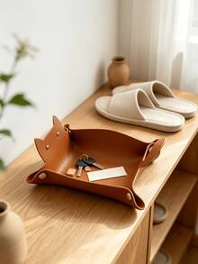 1pc Cat Shaped Storage Tray, Minimalist Faux Leather Foldable Decorative Tray With Metal Button Details, Desktop Catchall Organizer For Entryway Bedroom Daily Use - Multicolor - View 2