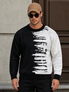 Men's Fashion Casual Versatile Colorblock Crew Neck Long Sleeve Loose Ribbed Knit Sweater, Daily Home Commute Outerwear Top, Autumn/Winter - Black - View 2