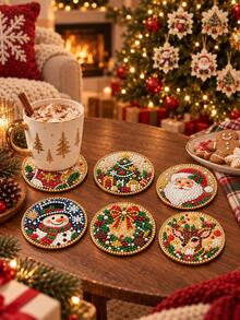 6pcs Christmas Bling Rhinestone Coaster 1 Piece, Santa Snowman Reindeer 2-In-1 Table Coaster & Tree Hanging Ornament, Fall Table Decor, Great Thanksgiving Christmas Holiday Gift, Sparkly Home Table Accessory - Multicolor - View 4