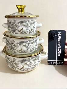 3pcs Multi-Color Enamel Coated Saucepan Set With Gold Trim, Including Small Milk Pot, Noodle Pot, Soup Pot, Suitable For Children's Food, Induction & Gas Stove, Household Mini Enamel Cookware Set - Three Piece Set - View 9
