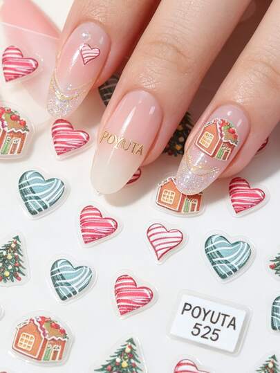 1pc Christmas Striped Heart Gingerbread House Nail Stickers, Colorful Christmas Tree Nail Slides, Shiny Surface, Asymmetrical Shape, Sweet Style, Suitable For Holiday Parties