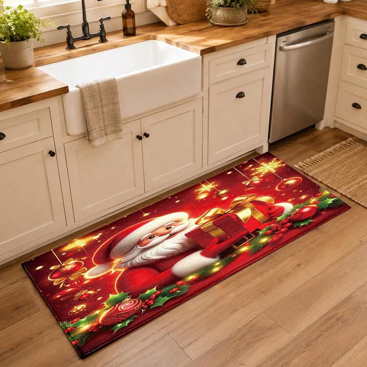 1pc Soft Faux Cashmere Material Floor Mat, Christmas Cartoon Santa Claus Pattern, Anti-Slip Foot Mat, Suitable For Kitchen, Bathroom, Entrance Door, Bedroom Door, Multi-Scene Use Anti-Slip Floor Mat, Room Decoration, Holiday Gift - Multicolor - View 4