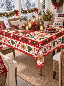 1pc-Retro Gingerbread Man Christmas Table Cover, Red Green Cream Holiday Tablecloth With Candy Cane & Christmas Tree Print, Winter Xmas Dining Room Tabletop Decoration, Lovely Festive Table Linen For Holiday Celebration - Multicolor - View 9