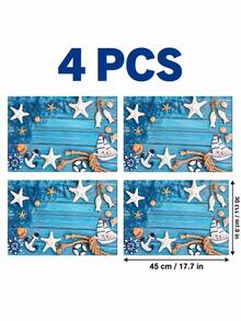 Ocean Nautical Theme Placemats, Blue Wood Grain Starfish Shell Anchor Sailboat Print Table Mats, Suitable For Dining Table Kitchen Beach Vacation Style Home Decor, Party Gathering Setup - Multicolor - View 9