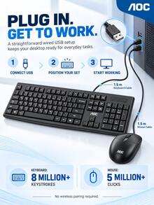 AOC KM151 Keyboard And Mouse Combo Wired Full-Size Office Keyboard Splash-Resistant Plug And Play Computer Keyboard - View 6