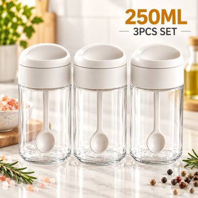 8/6/5/3/2/1 pieza Frascos de vidrio sellados para especias con tapa de cuchara integrada, recipientes de plástico a prueba de humedad para condimentos, tapa transparente, adecuados para la cocina del hogar, ideales para almacenar hierbas y especias