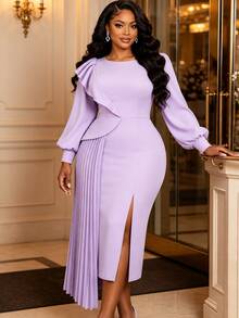 AOMEI Elegant Lavender Pleated Midi Dress For Autumn/Winter, Round Neck Lantern Sleeve, Irregular Ruffle Hem Slit Slim Fit Evening Gown, New Arrival - Lilac Purple - View 1