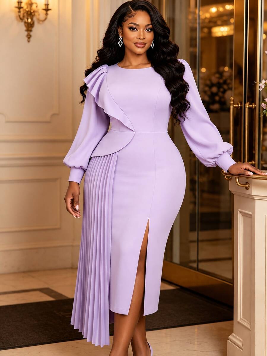 AOMEI Elegant Lavender Pleated Midi Dress For Autumn/Winter, Round Neck Lantern Sleeve, Irregular Ruffle Hem Slit Slim Fit Evening Gown, New Arrival - Lilac Purple - View 1