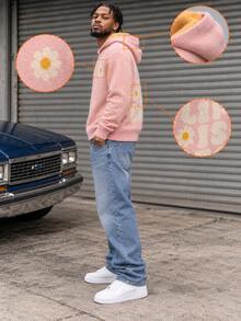 BLACKTOEXIT Men's Loose Casual College Floral Hooded Knit Sweater, Autumn/Winter - Pink - View 2