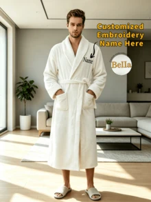 Customized Embroidered Name Unisex Plush Bathrobe Couple Flannel Pajamas Long Sleeve Men & Women Homewear Personalized Gift Holiday Party - Multicolor - View 10