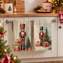 2pcs Nutcracker Print Kitchen Towels, Christmas Tree Gift Box Snowflake Holiday Pattern Hand Towels, Vintage Country Winter Style Dish Cloth Tea Towel, Suitable For Kitchen Cooking, Baking, Cleaning Wiping And Christmas Home Decor, Christmas Winter Holiday Gift - Multicolor - View 2