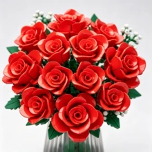 16pcs Red Rose Bouquet Building Blocks Set, DIY Assembly Realistic Flower Bricks Desktop Home Decor Gift - Multicolor - View 3