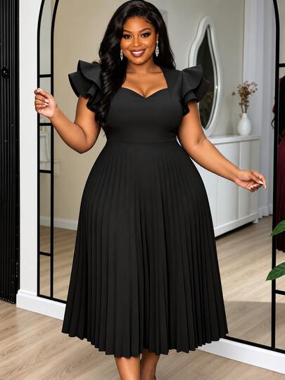 Plus Size Blue Pleated A-Line Dress, Women's Heart Neckline Ruffle Short Sleeve Elegant Summer Cocktail Evening Gown, Mother's Day Church Style Black