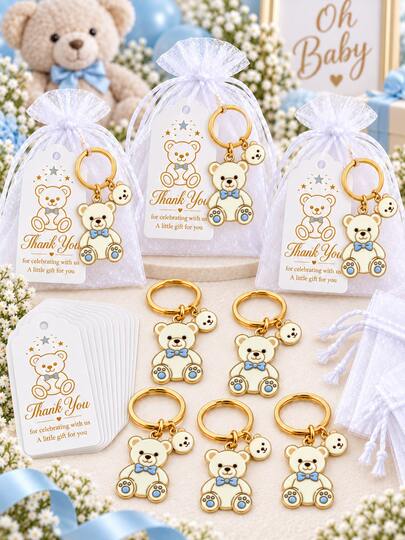 60pcs/20sets Baby Boy Blue Bear Keychain Favors With Thank You Cards And White Organza Bags, Baby Shower Party Favors, Baby Shower Supplies, Baby Shower Gifts For Guests, Baby Boy Party Favors, Baby Boy Party Guest Gifts, Baby Shower Favors, Full Month/1st Birthday Guest Favors, Party Keepsake Gifts