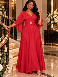 Women Elegant Red Chiffon Cape Sleeve V-Neck Maxi Dress,Rhinestone Brooch Waist Formal EveningGown Wedding Guest Birthday Party Christmas - Red - View 1