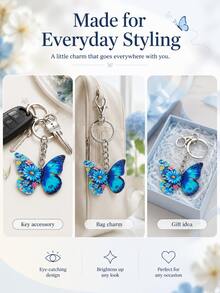 Blue Butterfly Floral Stainless Steel Keychain, Bag Charm Accessory Gift - Multicolor - View 11