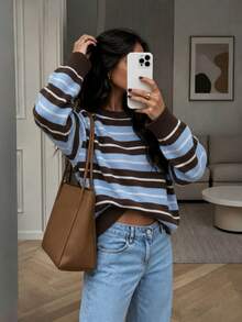 Women's Round Neck Multi-Color Striped Long Sleeve Knit Sweater, Autumn/Winter New Casual Daily Top, New Year Style Sweater, Carnival Top - Multicolor - View 4