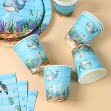 Ocean Animal Theme Party Paper Tableware Set, Ocean Pattern, Happy Birthday, Paper Plates, Paper Cups, Napkins Set, Whale Pattern, Underwater Baptism Whale Style, Suitable For Underwater Theme Party, Birthday, Holiday, Family Event, Party Decoration Supplies Set, Christmas, Restaurant Decoration - Multiple Styles - View 5