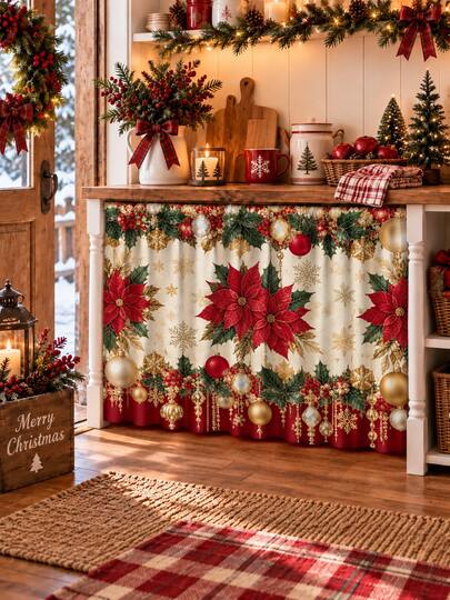 1 pieza Cortina de gabinete con bola navideña roja, falda de fregadero de invierno con copo de nieve dorado, cenefa de ventana de cocina navideña de estilo campestre, decoración navideña para gabinete de almacenamiento de fregadero abierto, decoración del hogar de cocina